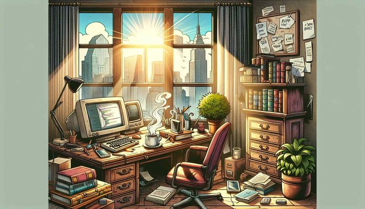 Create an image of a vintage wooden desk viewed from above, cluttered with miniature cartoon-style representations of web development elements: a colorful stack of books on coding languages, a small, frothy coffee cup, a notepad with scribbles, a vintage lamp casting a warm glow, and a potted cactus beside a small, old-fashioned radio. The background is soft-focus, depicting a cozy, dimly lit room with wooden wall panels, evoking a serene and creative workspace. The art style is reminiscent of a 1950s comic book, with bold outlines and a bright, optimistic color palette.